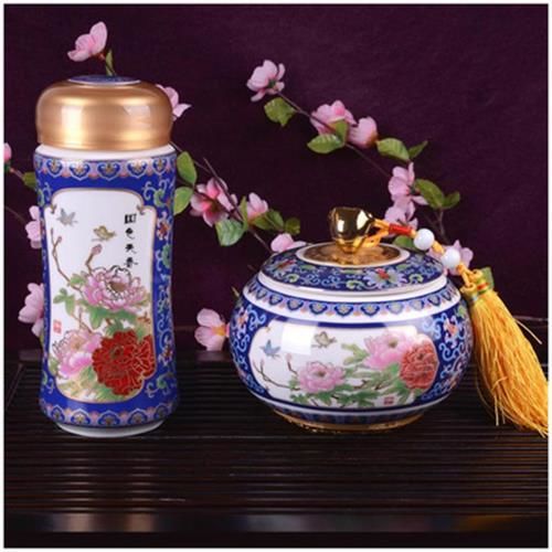 景泰蓝礼品套装 陶瓷杯 如意茶叶罐两件套定制